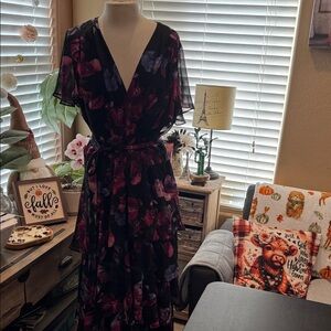 SLNY Black and Purple Floral Maxi Dress